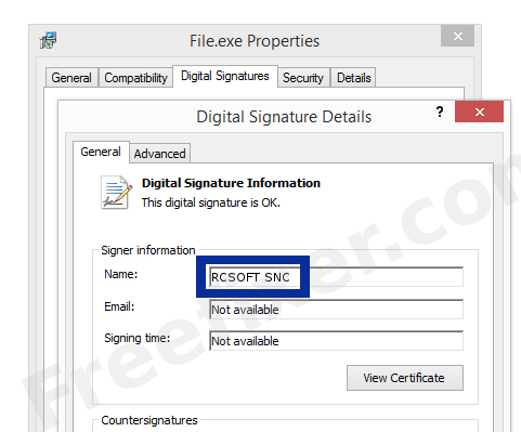 Screenshot of the RCSOFT SNC certificate